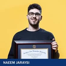 Naeem Jaraysi, holding the framed SNHU diploma for his master's degree in marketing