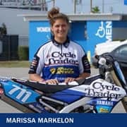 Marissa Markelon standing near her motorcycle. With the text Marissa Markelon