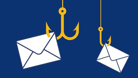Two small white envelope email icons caught on yellow fish hooks represent types of phishing