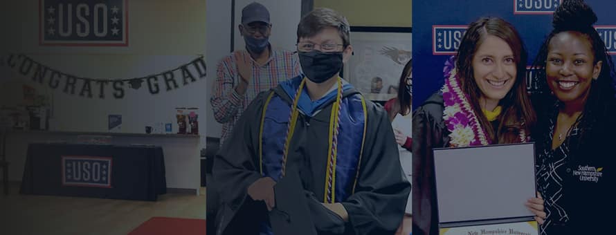 A collage featuring a USO booth for graduates, an SNHU graduate with cap and gown, and a graduate holding her diploma next to an SNHU staff member