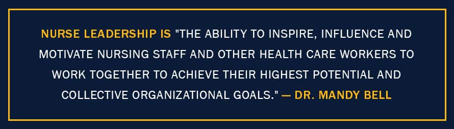 A blue infographic piece with the text Nurse leadership is "the ability to inspire, influence and motivate nursing staff and other health care workers to work together to achieve their highest potential and collective organizational goals." — Dr. Mandy Bell