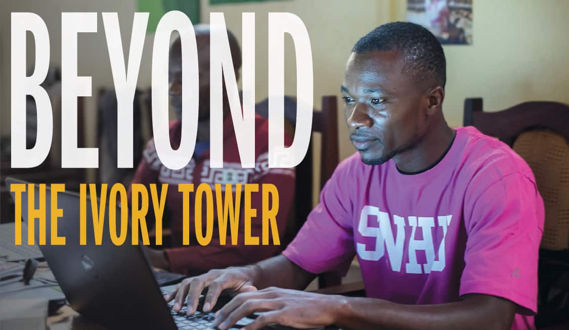 A student on a computer and the text Beyond the Ivory Tower.