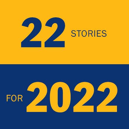 A yellow rectangle above a blue rectangle with the text 22 Stories for 2022