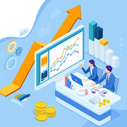 Animated people sat at a desk surrounded by different types of graphs.