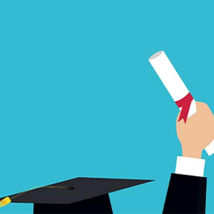 Illustration of a graduation cap and a raised hand holding a diploma tied with a red ribbon against a blue background.