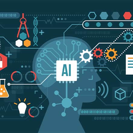 An icon of a human head with an AI box at the center and gears, graphs, beakers, rulers and documents stemming from it.