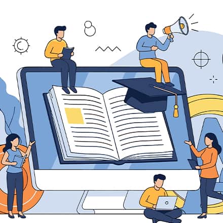 Cartoon people gathered around a giant depiction of a computer to represent earning an AI degree.