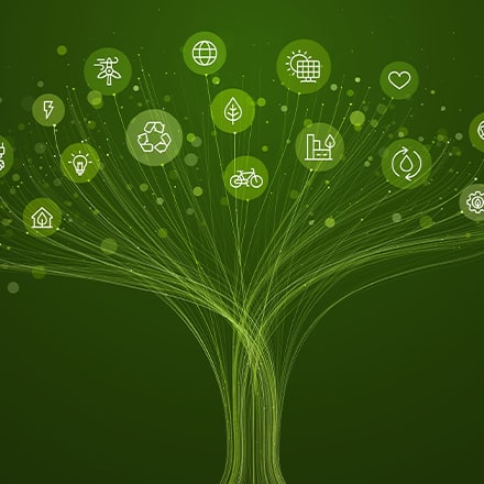 A network of connections and icons forming a tree to represent the environmental impact of artificial intelligence.