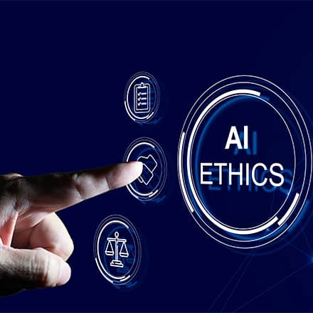 A hand pointing to a digital screen labeled 'AI Ethics,' surrounded by icons representing governance, policy and safety.
