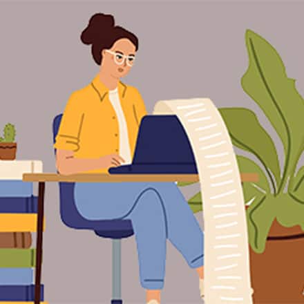 A cartoon writer wearing a yellow jacket, typing on a laptop with a long piece of paper coming out of it and hanging toward the ground.