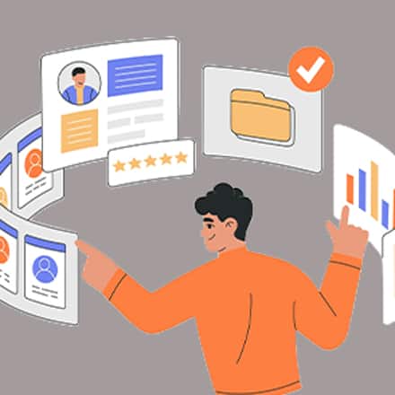 Illustration of an industrial-organizational psychology professional reviewing employee profiles, performance data, assessments and organizational records on a digital dashboard.