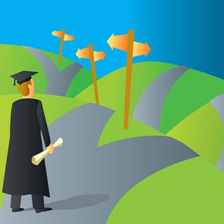 An illustration of a college student, in a cap and gown, walking down a road that leads to multiple pathways to choose from.