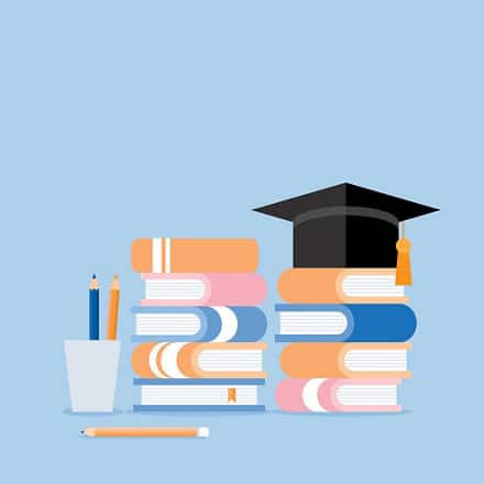 Illustrated pencils, stacks of books and a graduation cap to represent colleges and universities.