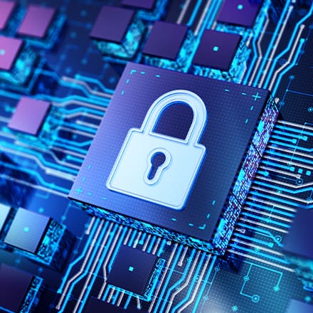 Graphic treatment of a cybersecurity lock with technical wires behind it.