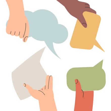 A graphic of several diverse hands holding talking bubbles being used to represent the value of discussion boards