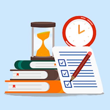 An illustrated stack of books, clock, timer and checklist to represent college credits over time.