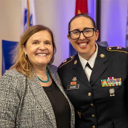SNHU President Lisa Marsh Ryerson and SSG MaryKate Stone, Army Reserves and SNHU doctoral candidate.
