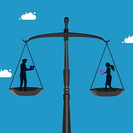 An illustration of a balanced scale with two silhouetted people standing on opposite sides, each researching ethics on a laptop, against a blue background with clouds.