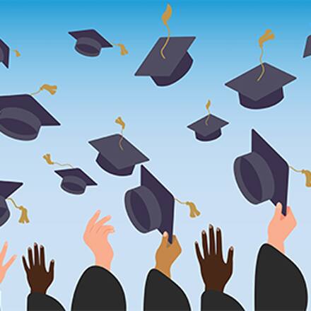 Illustration of graduates tossing graduation caps into the air against a blue sky.