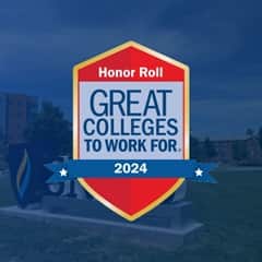 The 2024 Great Colleges to Work For badge with an image of SNHU's campus overlayed in blue behind it.