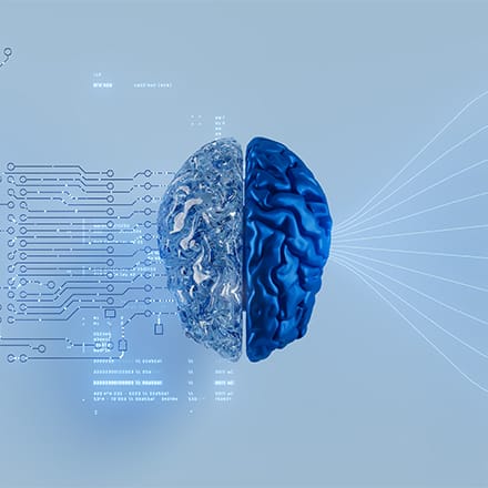 A brain with one half made of circuits and the other half human, showing a mix of technology and mind.