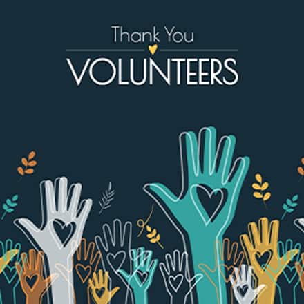 Illustration of raised hands with heart symbols and the words “Thank You Volunteers” on a dark blue background.