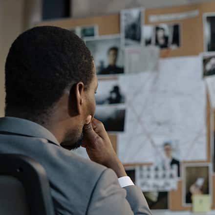 A detective sitting in a chair looking at a bulletin board going over evidence