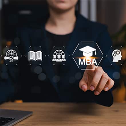 A person selecting an MBA icon on a virtual display with education and career symbols.