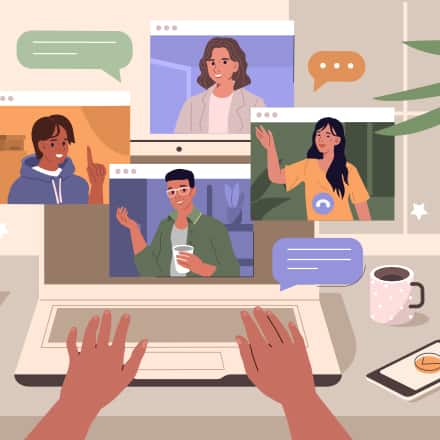 Hands over a laptop featuring videos of different people, representing online connections.