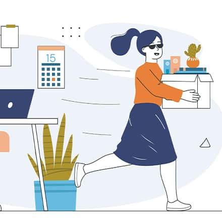 Illustration of a woman carrying a box of office supplies, walking away from a desk with a laptop, calendar, and plant.