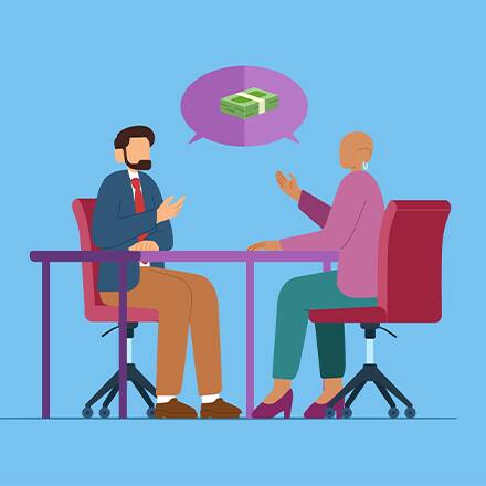 An illustration of two people in a business meeting with a speech bubble depicting a stack of dollars to represent negotiating salary.