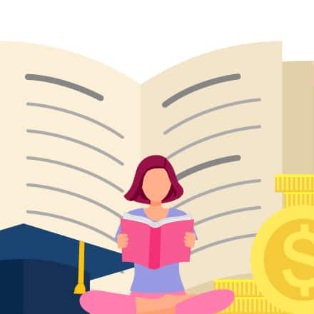 A cartoon of a woman reading, surrounded by a large graduation cap, book and coins.