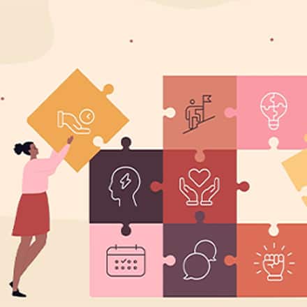 Illustration of people assembling puzzle pieces with symbols representing communication, creativity and critical thinking in the humanities.
