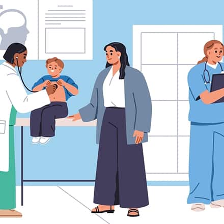 An illustration of a nurse interacting with a child and his mother in a clinical setting while another nurse converses with a doctor.