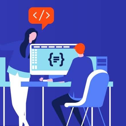 A cartoon person sitting at their desk on a desktop working on their computer science degree and someone standing behind the desktop asking a question