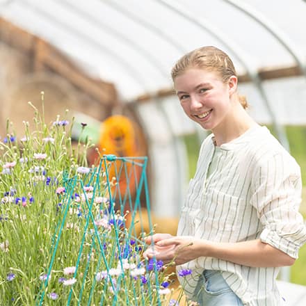 Kayla Stoll, an environmental science student at SNHU, with plants in a greenhouse.