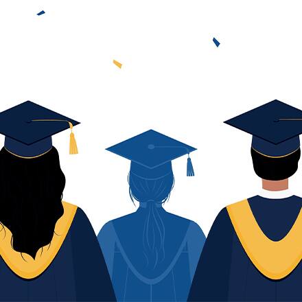 An illustration of three graduates wearing their graduation caps and gowns while blue and yellow confetti floats down.