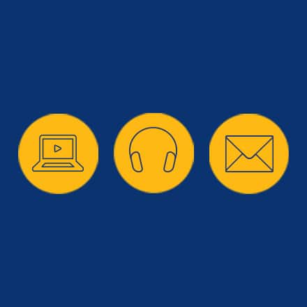 Icons of a laptop, headphones and envelope in yellow circles on a blue background.