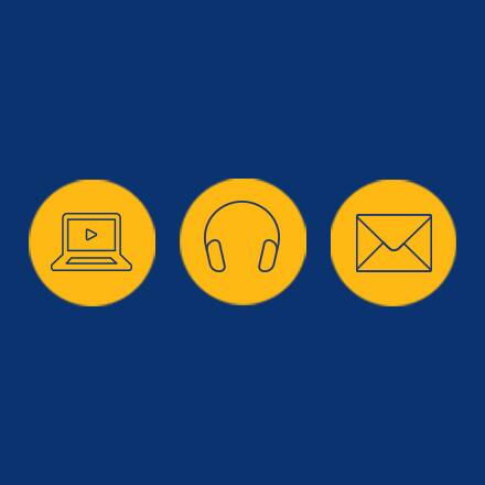 Icons of a laptop, headphones and envelope in yellow circles on a blue background.