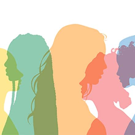Colorful overlapping silhouettes of diverse women in profile, facing different directions.