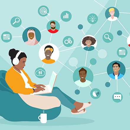 A cartoon woman sitting with her laptop, surrounded by a network of connections representing an online learning community.