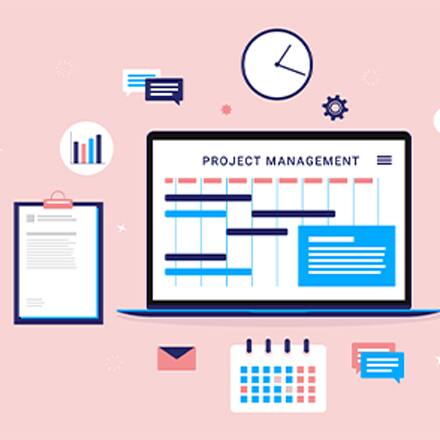 A laptop displaying a project management timeline with planning and communication icons.