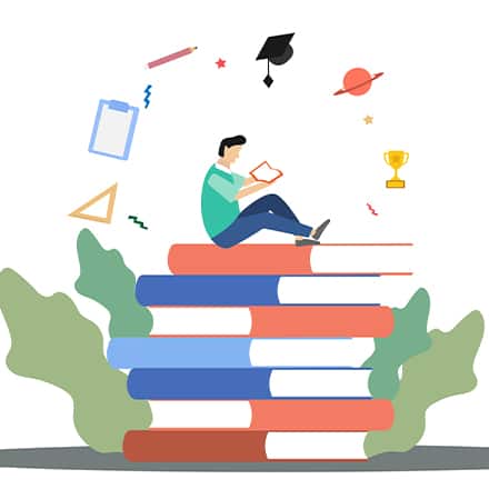 A cartoon man sitting on a giant stack of books, surrounded by icons including a pencil, grad cap, planet, trophy, clipboard and several other shapes.