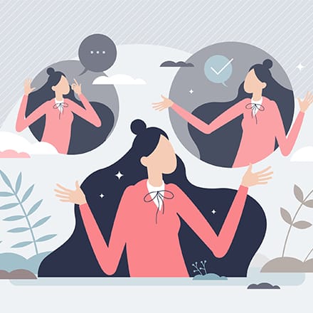 Illustration of a woman gesturing with open hands, surrounded by thought bubbles showing different expressions, one speaking, one listening and one with a checkmark.