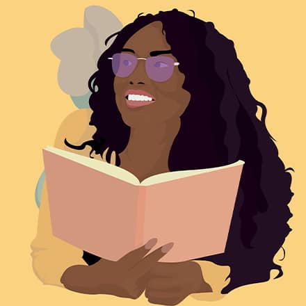 An illustration of a smiling woman with long curly hair wearing glasses, holding an open book against a yellow background.
