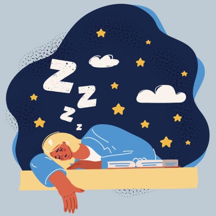 A person with blonde hair asleep at a desk surrounded by clouds, stars and z's.