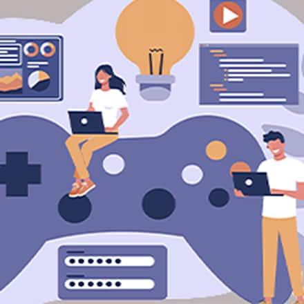An illustration of people using laptops around a game controller with coding, analytics and design icons representing game development.