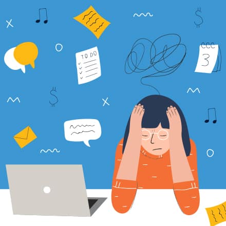 A stressed cartoon student with her head in her hands sitting next to a laptop in front of a background with scribbles, papers, chat bubbles and musical notes.