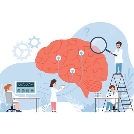 A group of cartoon healthcare professionals working together on a cartoon brain.
