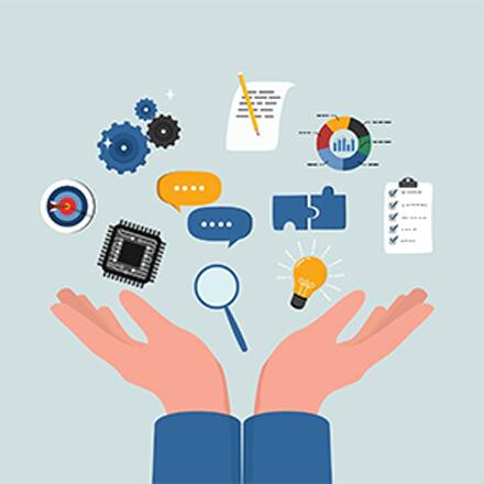 Illustration of hands holding icons representing transferable skills, including communication, problem-solving and innovation.